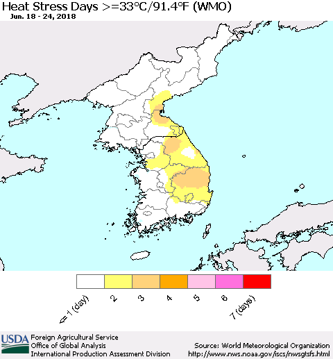Korea Heat Stress Days >=35°C/95°F (WMO) Thematic Map For 6/18/2018 - 6/24/2018