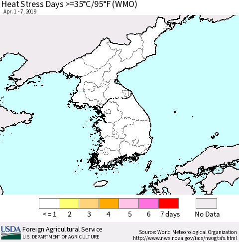 Korea Heat Stress Days >=35°C/95°F (WMO) Thematic Map For 4/1/2019 - 4/7/2019