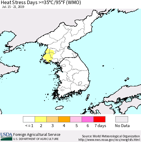Korea Heat Stress Days >=35°C/95°F (WMO) Thematic Map For 7/15/2019 - 7/21/2019