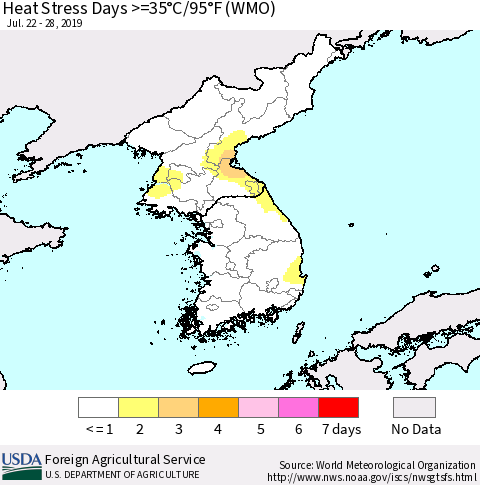 Korea Heat Stress Days >=35°C/95°F (WMO) Thematic Map For 7/22/2019 - 7/28/2019