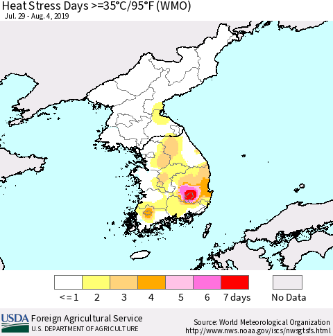 Korea Heat Stress Days >=35°C/95°F (WMO) Thematic Map For 7/29/2019 - 8/4/2019