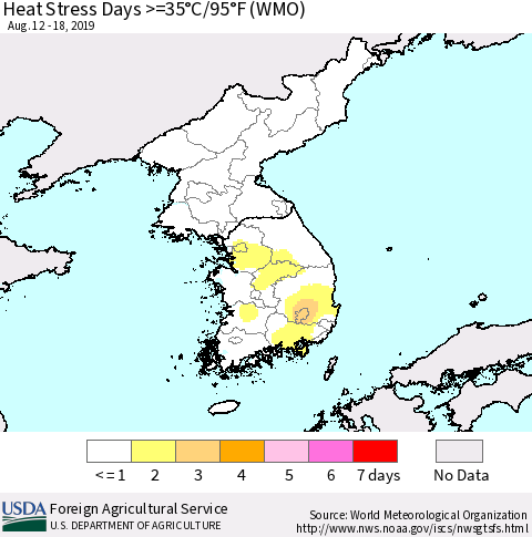 Korea Heat Stress Days >=35°C/95°F (WMO) Thematic Map For 8/12/2019 - 8/18/2019