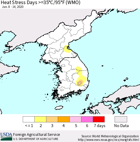 Korea Heat Stress Days >=35°C/95°F (WMO) Thematic Map For 6/8/2020 - 6/14/2020