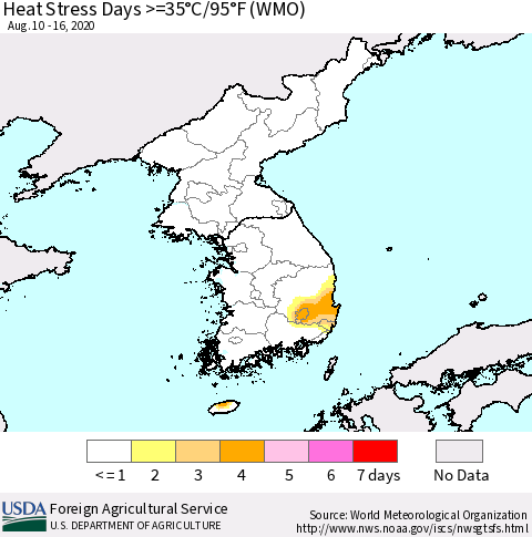 Korea Heat Stress Days >=35°C/95°F (WMO) Thematic Map For 8/10/2020 - 8/16/2020