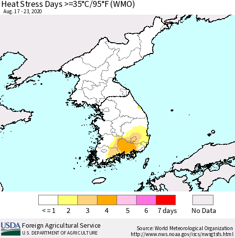 Korea Heat Stress Days >=35°C/95°F (WMO) Thematic Map For 8/17/2020 - 8/23/2020