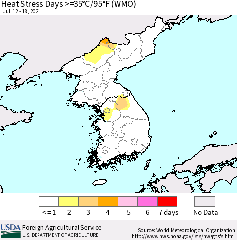 Korea Heat Stress Days >=35°C/95°F (WMO) Thematic Map For 7/12/2021 - 7/18/2021