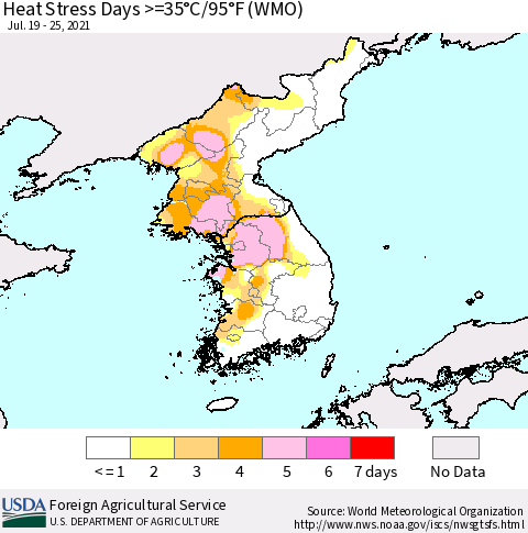 Korea Heat Stress Days >=35°C/95°F (WMO) Thematic Map For 7/19/2021 - 7/25/2021