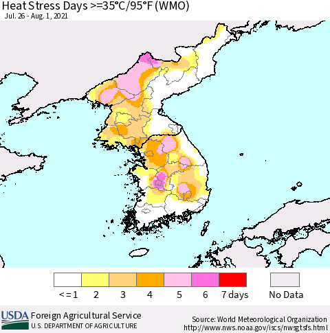 Korea Heat Stress Days >=35°C/95°F (WMO) Thematic Map For 7/26/2021 - 8/1/2021
