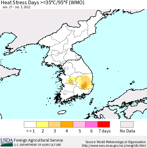Korea Heat Stress Days >=35°C/95°F (WMO) Thematic Map For 6/27/2022 - 7/3/2022