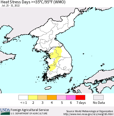 Korea Heat Stress Days >=35°C/95°F (WMO) Thematic Map For 7/25/2022 - 7/31/2022
