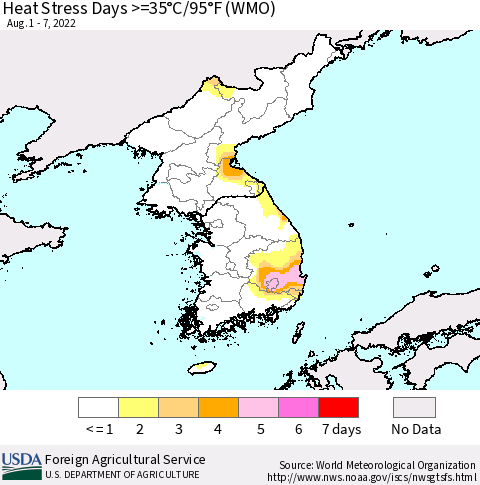 Korea Heat Stress Days >=35°C/95°F (WMO) Thematic Map For 8/1/2022 - 8/7/2022