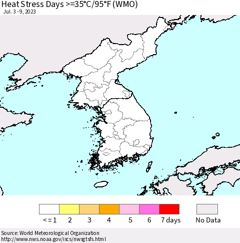 Korea Heat Stress Days >=35°C/95°F (WMO) Thematic Map For 7/3/2023 - 7/9/2023