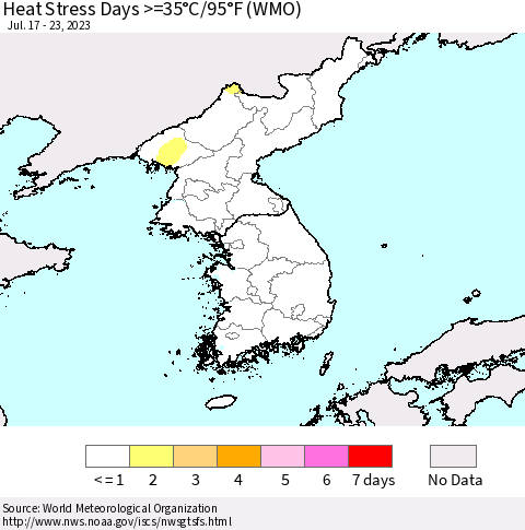 Korea Heat Stress Days >=35°C/95°F (WMO) Thematic Map For 7/17/2023 - 7/23/2023
