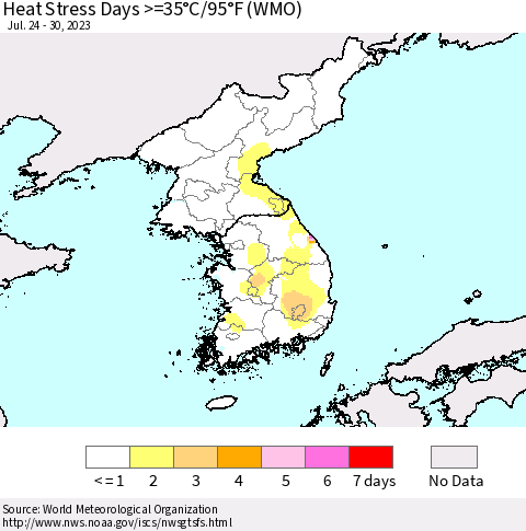 Korea Heat Stress Days >=35°C/95°F (WMO) Thematic Map For 7/24/2023 - 7/30/2023