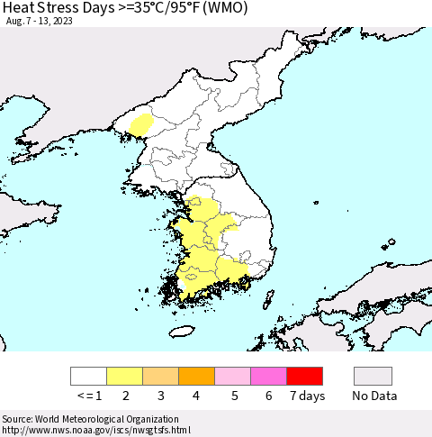 Korea Heat Stress Days >=35°C/95°F (WMO) Thematic Map For 8/7/2023 - 8/13/2023