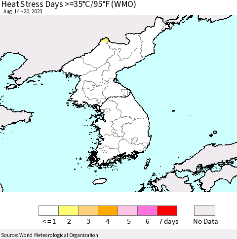 Korea Heat Stress Days >=35°C/95°F (WMO) Thematic Map For 8/14/2023 - 8/20/2023