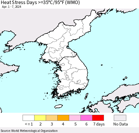 Korea Heat Stress Days >=35°C/95°F (WMO) Thematic Map For 4/1/2024 - 4/7/2024