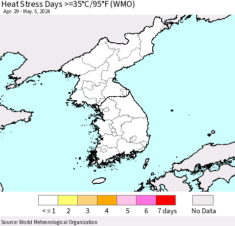 Korea Heat Stress Days >=35°C/95°F (WMO) Thematic Map For 4/29/2024 - 5/5/2024