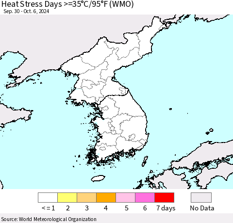 Korea Heat Stress Days >=35°C/95°F (WMO) Thematic Map For 9/30/2024 - 10/6/2024
