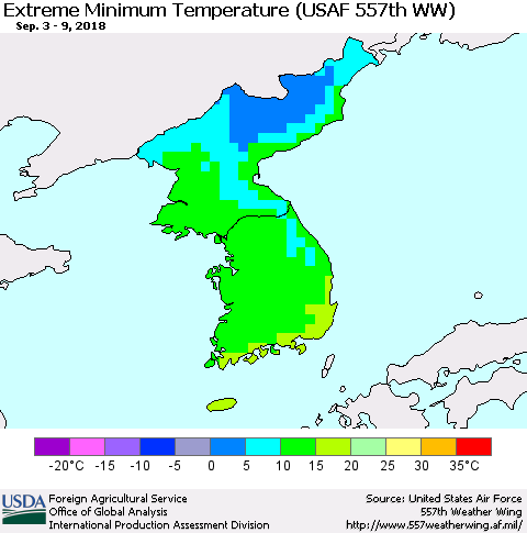 Korea Minimum Daily Temperature (USAF 557th WW) Thematic Map For 9/3/2018 - 9/9/2018