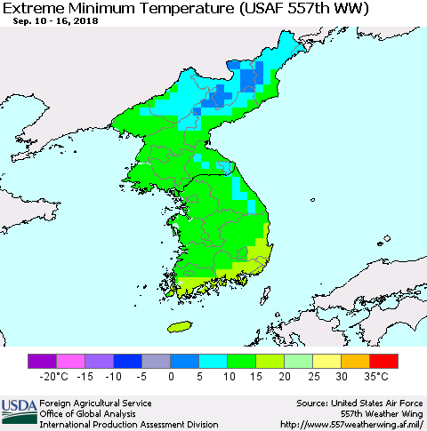 Korea Minimum Daily Temperature (USAF 557th WW) Thematic Map For 9/10/2018 - 9/16/2018