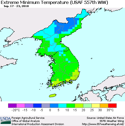 Korea Minimum Daily Temperature (USAF 557th WW) Thematic Map For 9/17/2018 - 9/23/2018