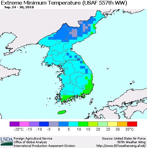 Korea Minimum Daily Temperature (USAF 557th WW) Thematic Map For 9/24/2018 - 9/30/2018