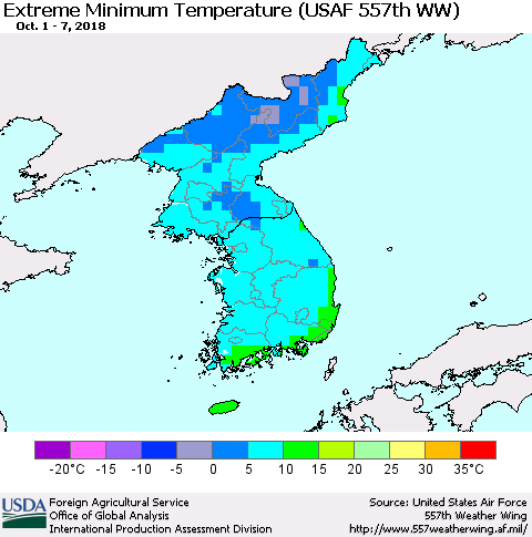Korea Minimum Daily Temperature (USAF 557th WW) Thematic Map For 10/1/2018 - 10/7/2018