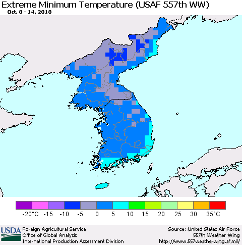 Korea Minimum Daily Temperature (USAF 557th WW) Thematic Map For 10/8/2018 - 10/14/2018