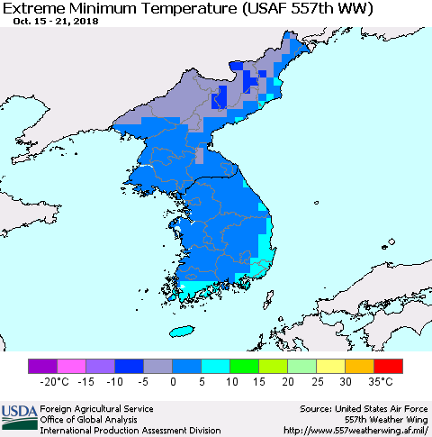 Korea Minimum Daily Temperature (USAF 557th WW) Thematic Map For 10/15/2018 - 10/21/2018