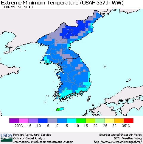 Korea Minimum Daily Temperature (USAF 557th WW) Thematic Map For 10/22/2018 - 10/28/2018