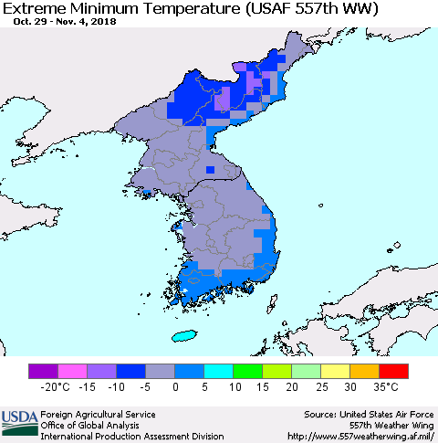 Korea Minimum Daily Temperature (USAF 557th WW) Thematic Map For 10/29/2018 - 11/4/2018