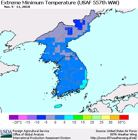 Korea Minimum Daily Temperature (USAF 557th WW) Thematic Map For 11/5/2018 - 11/11/2018