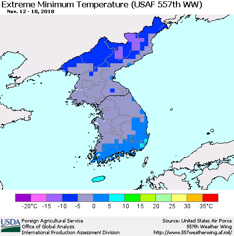 Korea Minimum Daily Temperature (USAF 557th WW) Thematic Map For 11/12/2018 - 11/18/2018