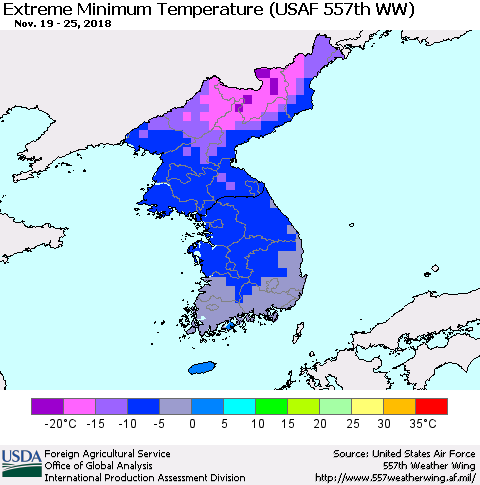 Korea Minimum Daily Temperature (USAF 557th WW) Thematic Map For 11/19/2018 - 11/25/2018