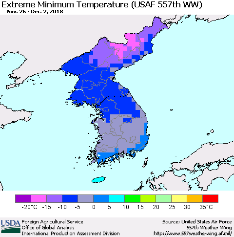 Korea Minimum Daily Temperature (USAF 557th WW) Thematic Map For 11/26/2018 - 12/2/2018