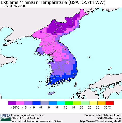 Korea Minimum Daily Temperature (USAF 557th WW) Thematic Map For 12/3/2018 - 12/9/2018
