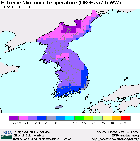 Korea Minimum Daily Temperature (USAF 557th WW) Thematic Map For 12/10/2018 - 12/16/2018