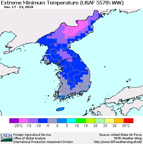 Korea Minimum Daily Temperature (USAF 557th WW) Thematic Map For 12/17/2018 - 12/23/2018