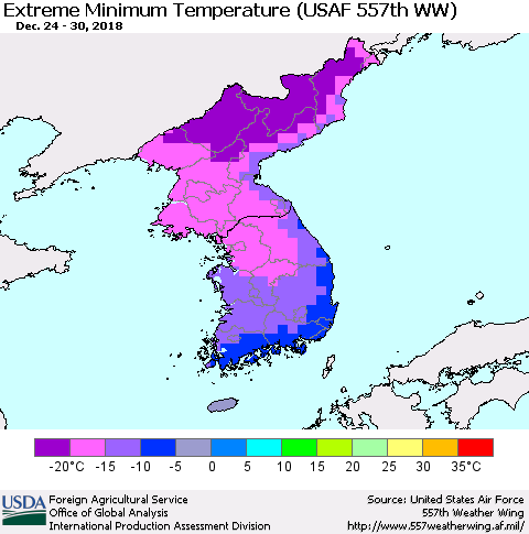 Korea Minimum Daily Temperature (USAF 557th WW) Thematic Map For 12/24/2018 - 12/30/2018