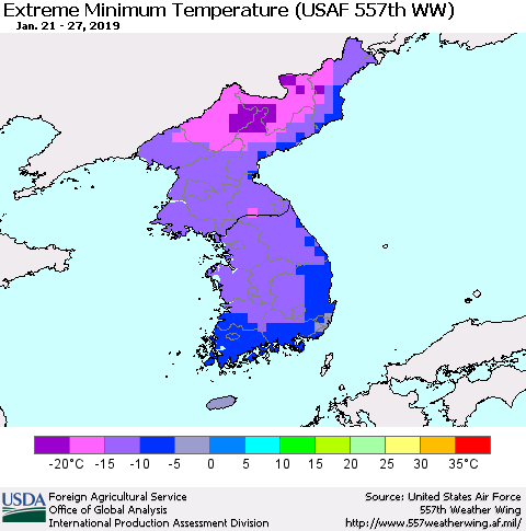 Korea Minimum Daily Temperature (USAF 557th WW) Thematic Map For 1/21/2019 - 1/27/2019
