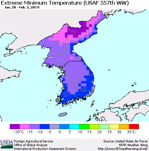 Korea Minimum Daily Temperature (USAF 557th WW) Thematic Map For 1/28/2019 - 2/3/2019