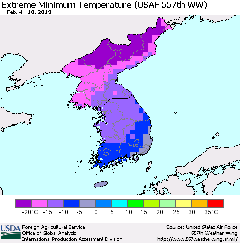 Korea Minimum Daily Temperature (USAF 557th WW) Thematic Map For 2/4/2019 - 2/10/2019