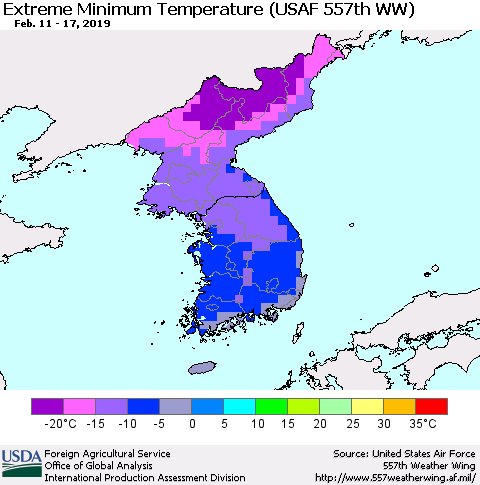 Korea Minimum Daily Temperature (USAF 557th WW) Thematic Map For 2/11/2019 - 2/17/2019
