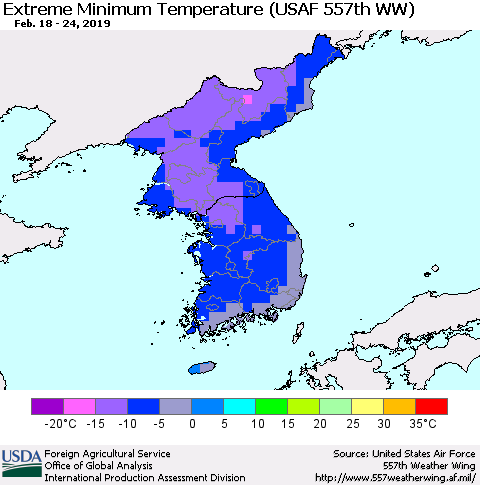Korea Minimum Daily Temperature (USAF 557th WW) Thematic Map For 2/18/2019 - 2/24/2019