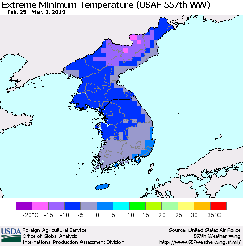 Korea Minimum Daily Temperature (USAF 557th WW) Thematic Map For 2/25/2019 - 3/3/2019