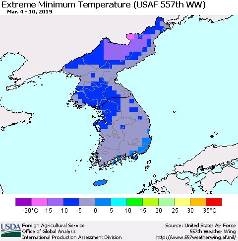Korea Minimum Daily Temperature (USAF 557th WW) Thematic Map For 3/4/2019 - 3/10/2019