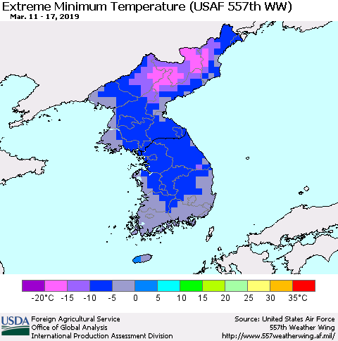 Korea Minimum Daily Temperature (USAF 557th WW) Thematic Map For 3/11/2019 - 3/17/2019