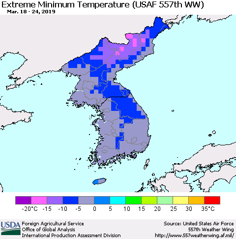 Korea Minimum Daily Temperature (USAF 557th WW) Thematic Map For 3/18/2019 - 3/24/2019