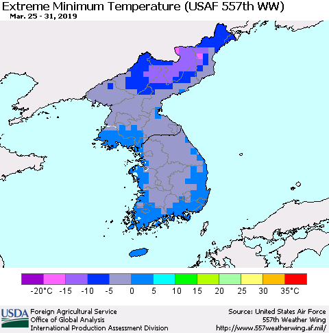 Korea Minimum Daily Temperature (USAF 557th WW) Thematic Map For 3/25/2019 - 3/31/2019